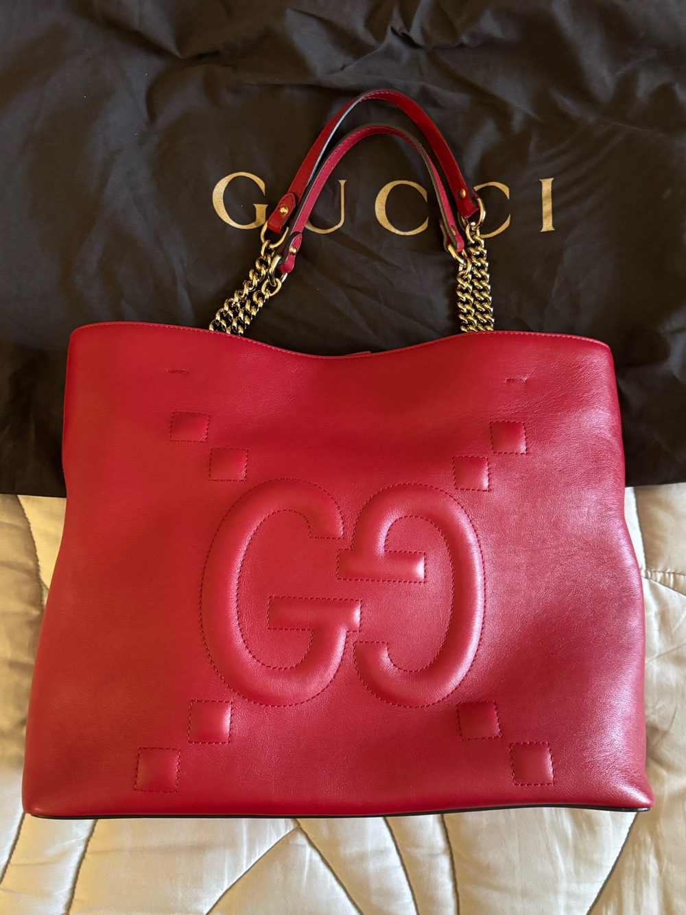 Gucci Apollo Red Leather GG Embossed Tote with Chain-Strap Handles